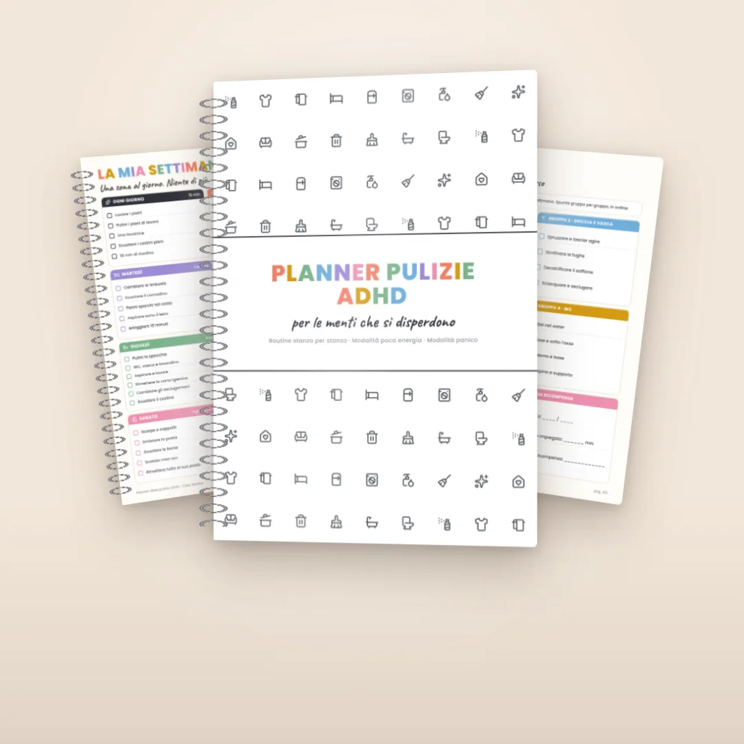 Planner delle pulizie ADHD: la copertina e le pagine «La mia settimana» e «Bagno»