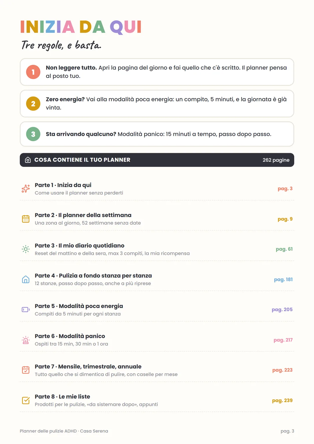 La pagina «Inizia da qui» del Planner delle pulizie ADHD: tre regole e l’indice delle 8 parti