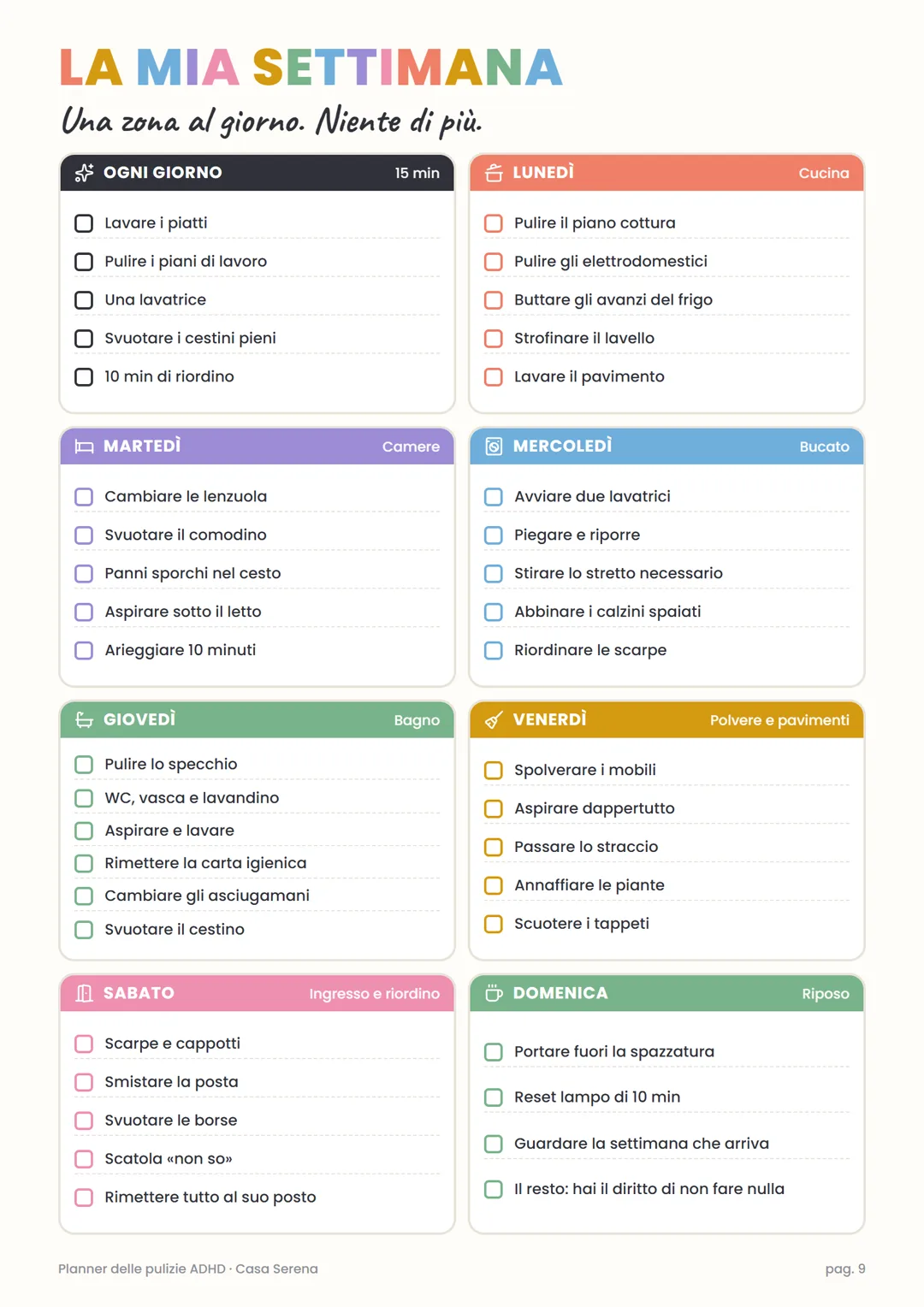 Pagina «La mia settimana» del Planner delle pulizie ADHD: una zona al giorno