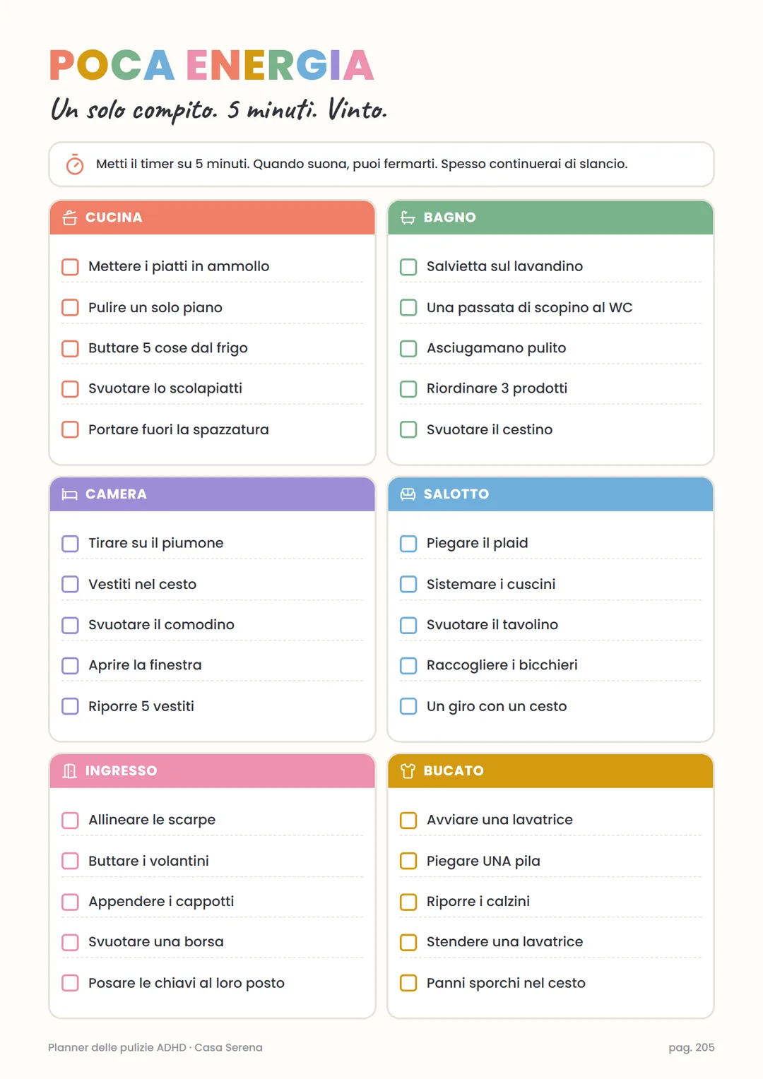 Pagina «Poca energia» del Planner delle pulizie ADHD: compiti da 5 minuti per stanza