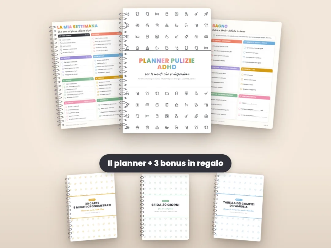 Planner delle pulizie ADHD: la copertina, la pagina «La mia settimana», la pagina «Bagno» e i 3 bonus in regalo
